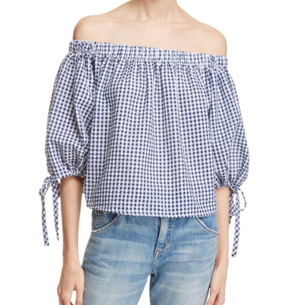 AQUA Gingham off the shoulder